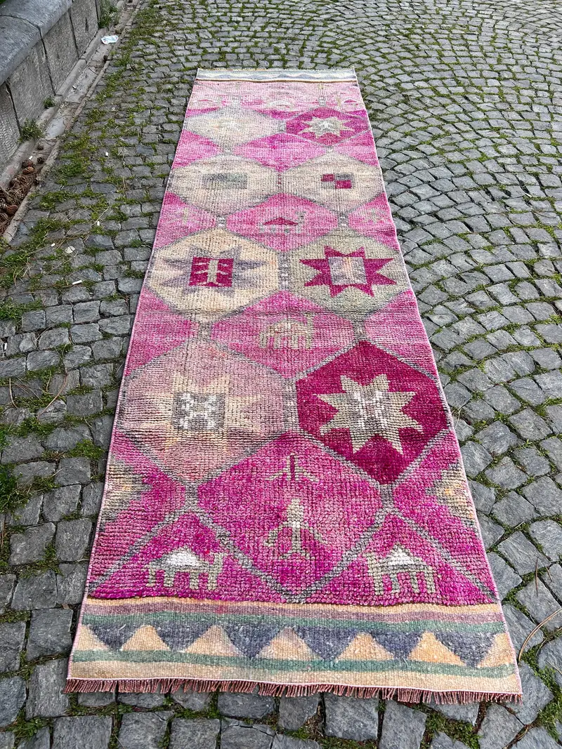 Vintage 3x10.8 ft Runner Rug, Turkish Rug, Herki Pink Moroccan Rug - 1