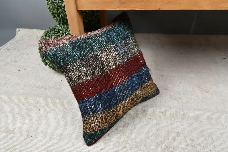 Pillow Case, Authentic Cushion Case, 16x16 Blue Pillow Case, Turkish Pillow, Turkish Kilim Pillow, Ethnical Kilim Rug Pillow - 7