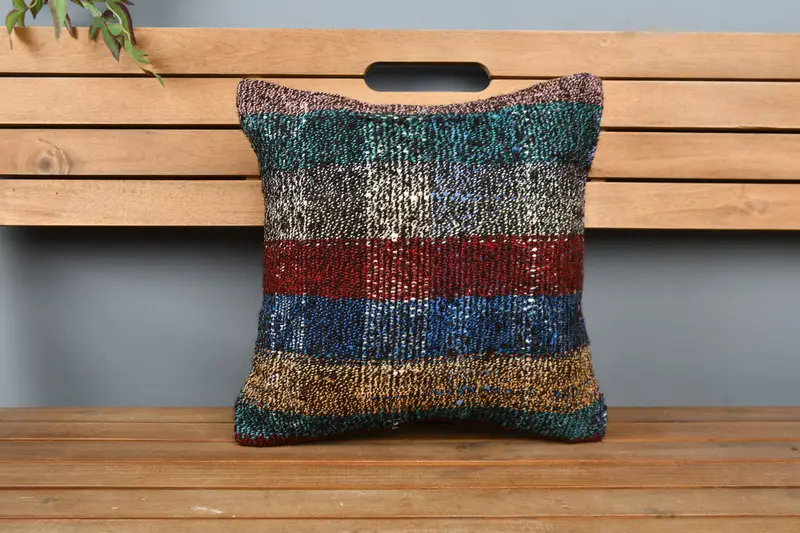 Pillow Case, Authentic Cushion Case, 16x16 Blue Pillow Case, Turkish Pillow, Turkish Kilim Pillow, Ethnical Kilim Rug Pillow - 6