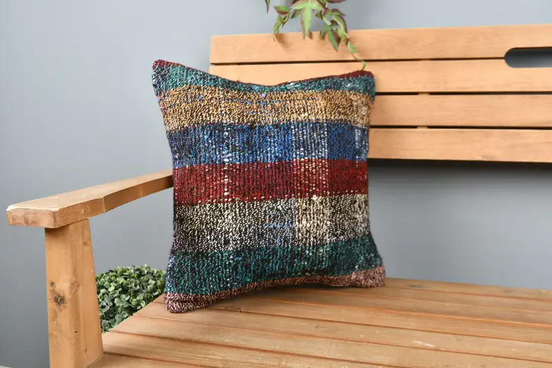 Pillow Case, Authentic Cushion Case, 16x16 Blue Pillow Case, Turkish Pillow, Turkish Kilim Pillow, Ethnical Kilim Rug Pillow - 1