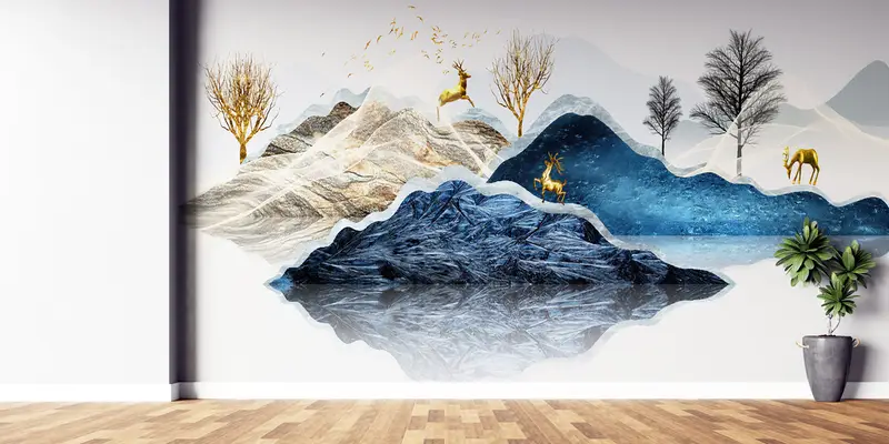 Papel pintado con estampado de montaña abstracta de ciervo dorado - Decoración elegante del bosque