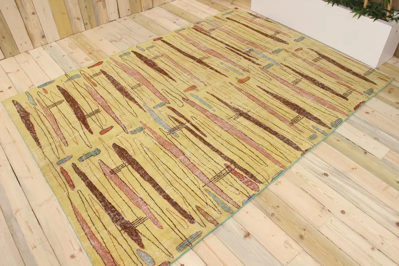 Turkish 6.4x8.8 ft Rug, Large Vintage Rug, Yellow Brown Striped Wool Rug - 1