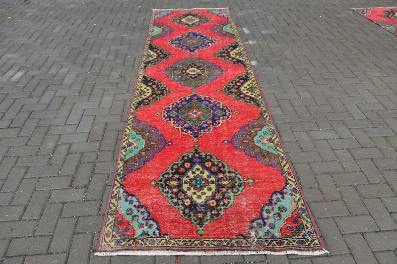 3.5x11.9 ft Türk Oushak Halısı, Kırmızı Kareli Vintage Yün Halı - 1