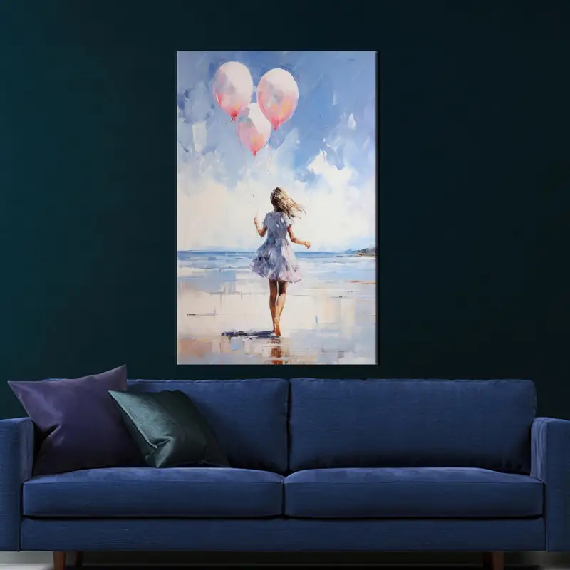 Girl Room Wall Art, Blue Canvas Decor, Pink Wall Art, Gift For Girl Room, Pink Balloon Wall Art, Running Girl Art, Canvas Decor, Home Decor - 1