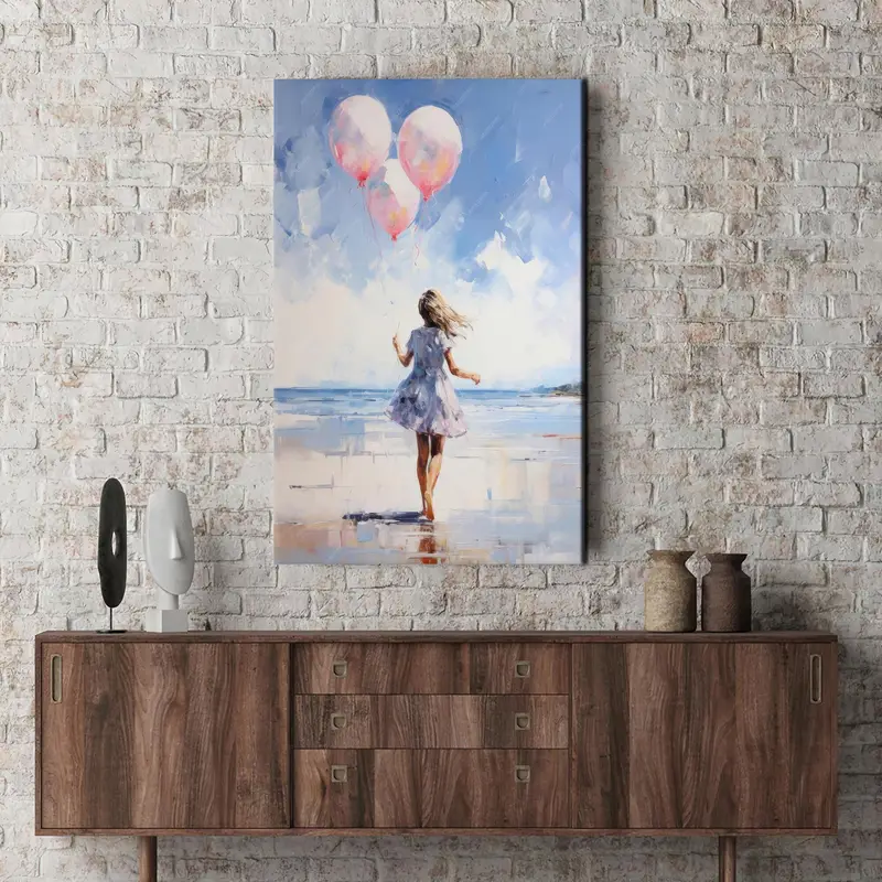 Girl Room Wall Art, Blue Canvas Decor, Pink Wall Art, Gift For Girl Room, Pink Balloon Wall Art, Running Girl Art, Canvas Decor, Home Decor - 3