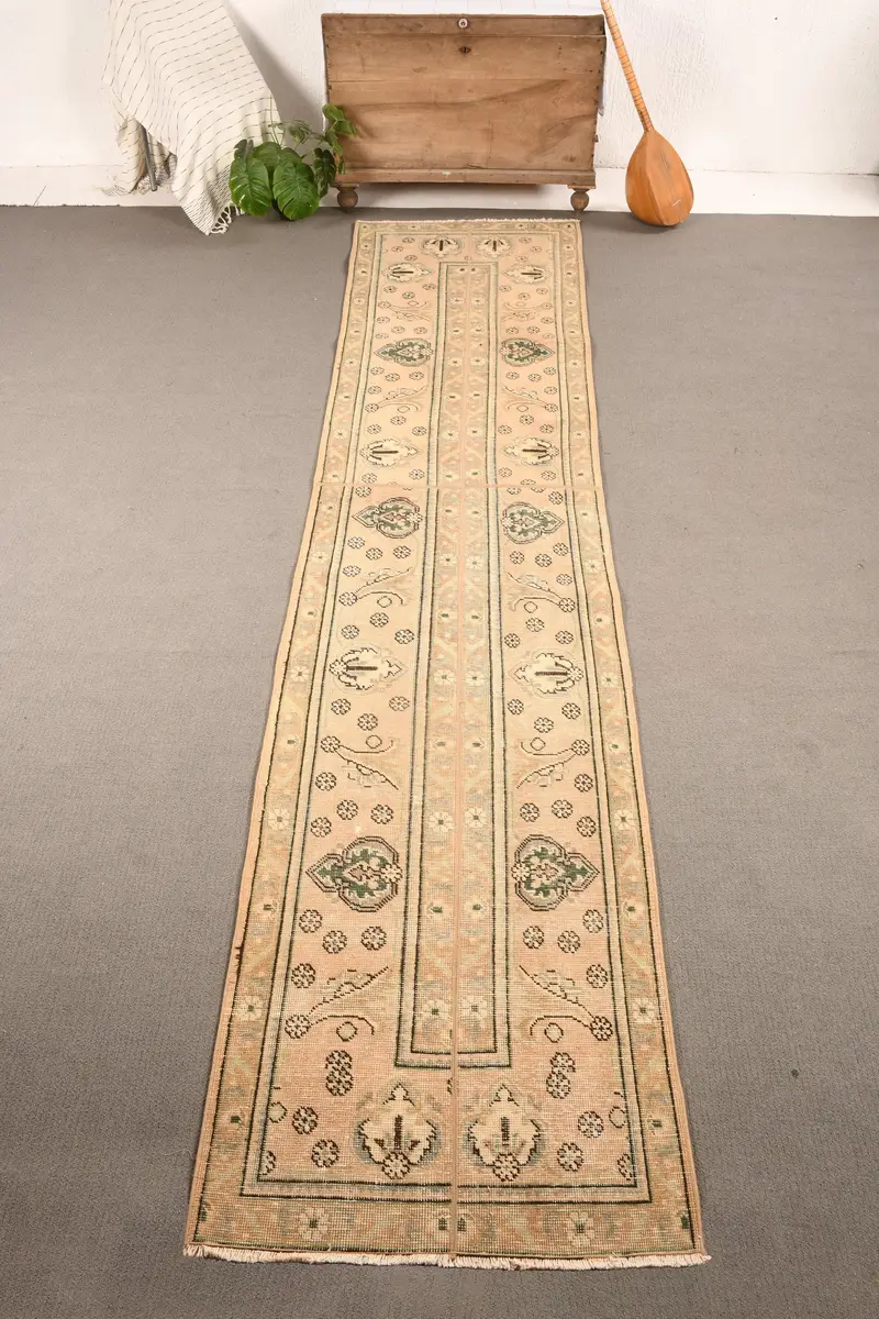 2.7x12.5 ft Rug, Runner Vintage Rug, Brown Bordered Rug - 1