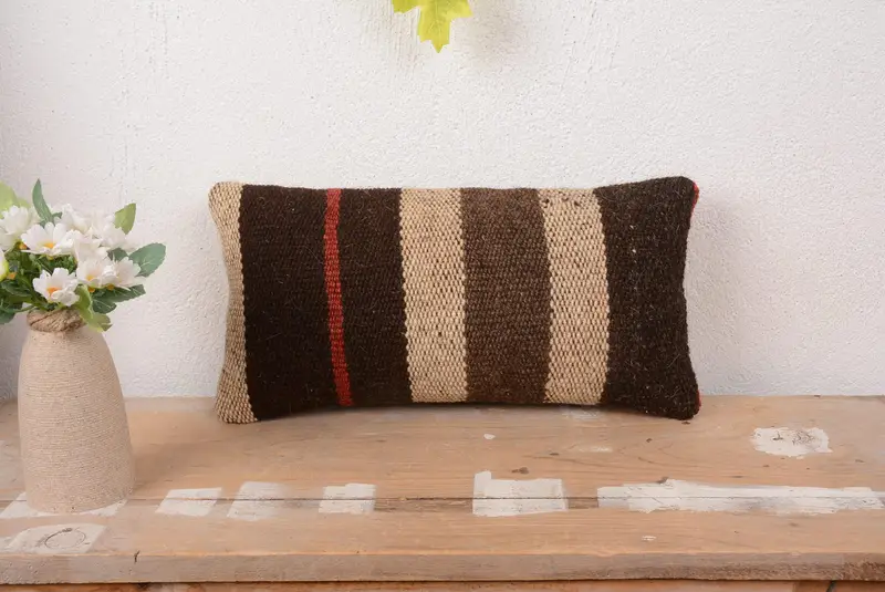Brown & Beige Striped Throw Pillow, Embroidered Linen Pillow