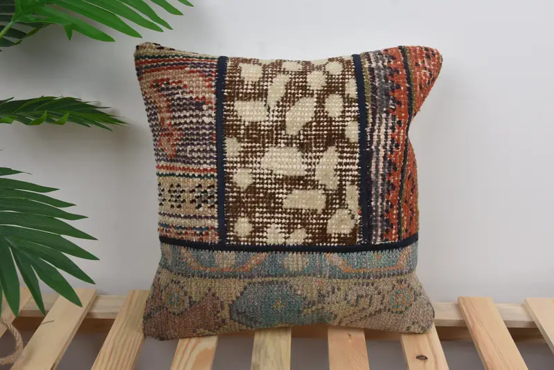 Pillow Cover, Kilim Cushion Sham, Boho Chic Pillow Cover, Vintage Pillow, Kilim Pillow Cover, 14x14 Orange Pillow Case, Handmade Pillow Case - 1
