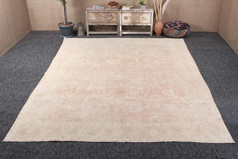 8.8x12 ft Rug, Vintage Turkish Oversize Rug, Beige Oushak Wool Rug - 1