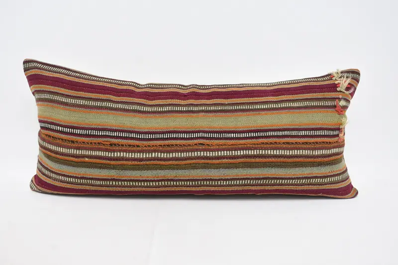 Turkish Antique Orange Cushion Cover, 16x36 inch Striped Wool Cushion - 1