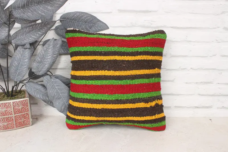 Nautical Throw Cushion Case, Pillow Case, Ethnical Kilim Rug Pillow, Kilim Pillow Cover, Kilim Pillow, 14x14 Green Cushion Cover - 1