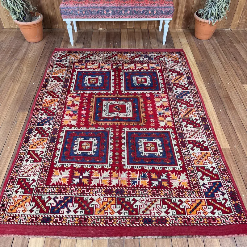 5x6,8 ft türkischer Teppich, Vintage-Teppich, rot-blauer Wollteppich mit Tiermuster - 1