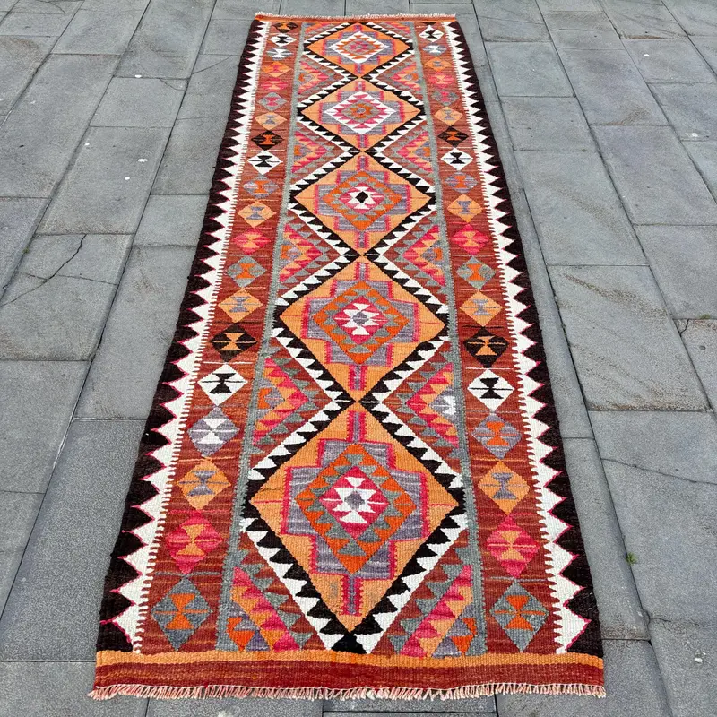 Mor, Turuncu Geometrik Halı, 3,1x9,6 ft