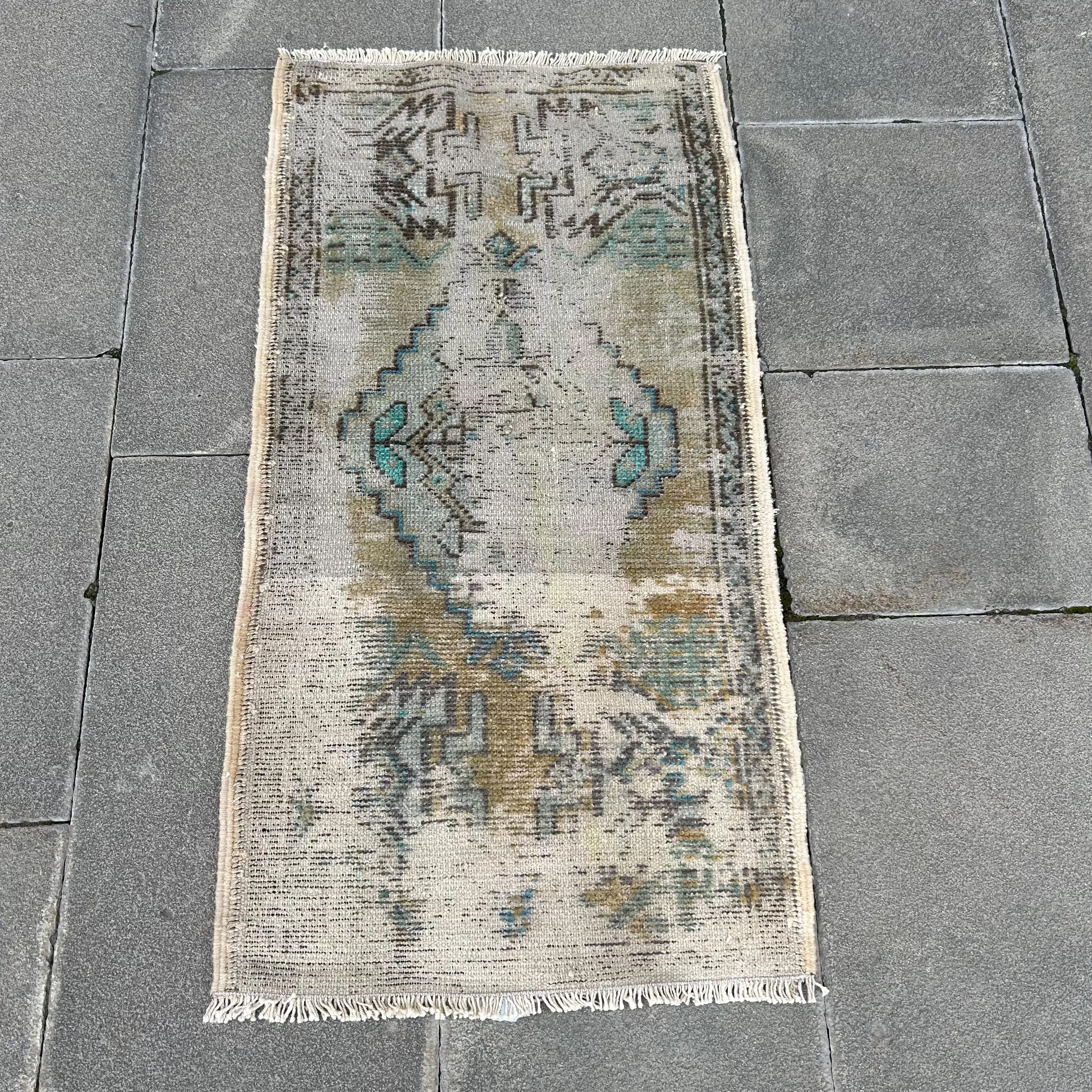 Turkish Small Rug, 1.6x3 ft Vintage Rug, Blue Bordered Wool Rug - 1