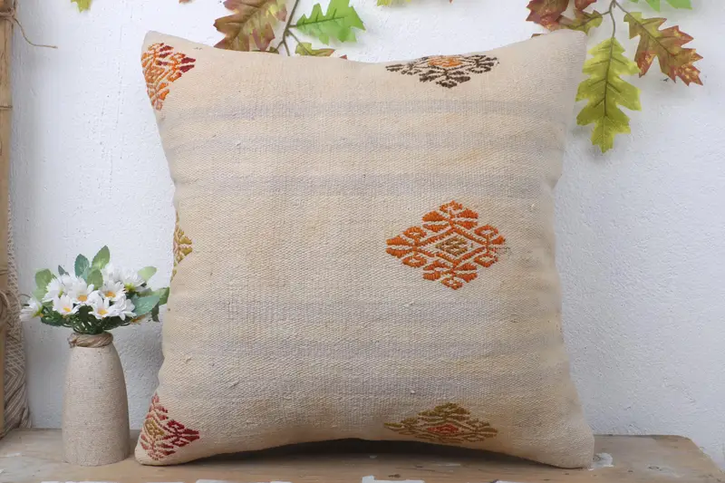 Handmade Kilim Cushion, Handwoven Pillow Cover Pillow Sham, Boho Pillow Sham Cover, Pillow Case, Turkish Kilim Pillow, 20x20 White Cushion - 2
