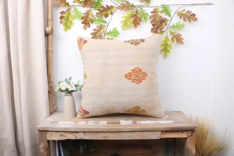 Handmade Kilim Cushion, Handwoven Pillow Cover Pillow Sham, Boho Pillow Sham Cover, Pillow Case, Turkish Kilim Pillow, 20x20 White Cushion - 1