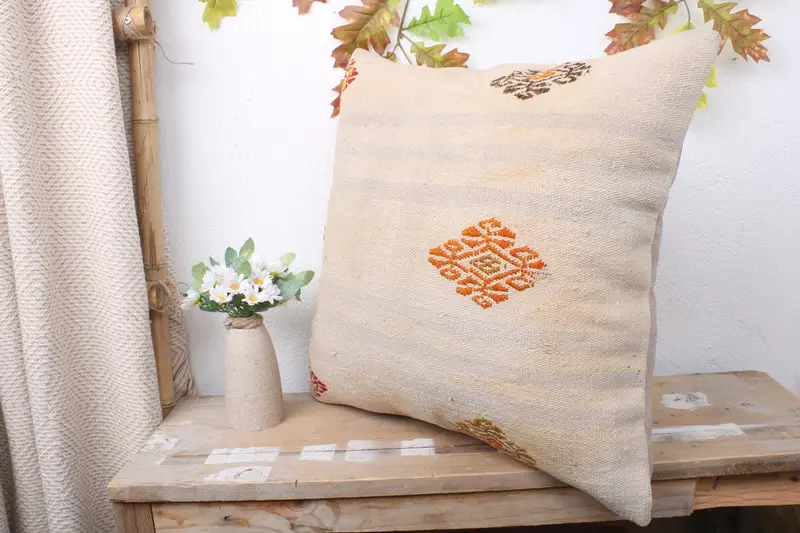 Handmade Kilim Cushion, Handwoven Pillow Cover Pillow Sham, Boho Pillow Sham Cover, Pillow Case, Turkish Kilim Pillow, 20x20 White Cushion - 4