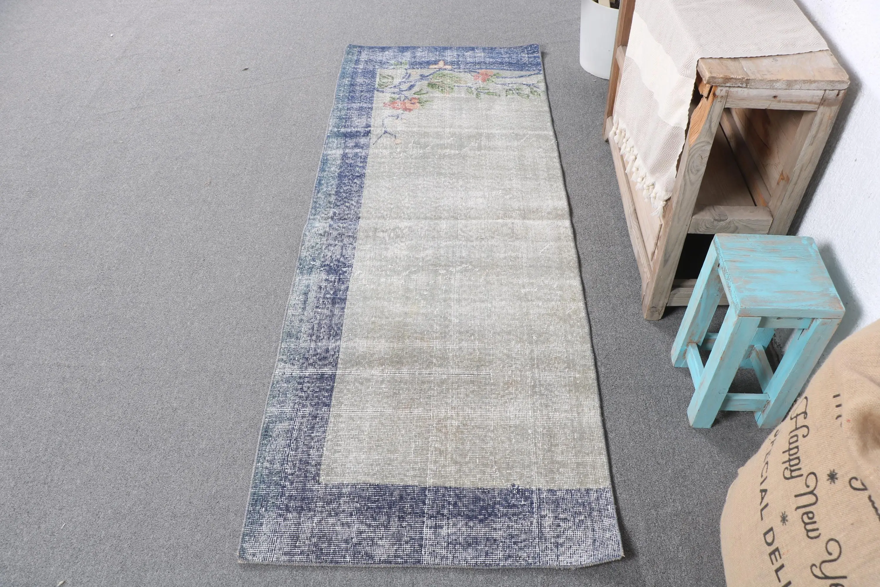 Vintage Turkish Runner Rug 2.3x6.3 ft, Blue Gray Animal Print Wool Rug - 1