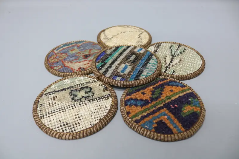 Bohemian Orange & Bronze Round Coaster, Unique Kilim Coaster