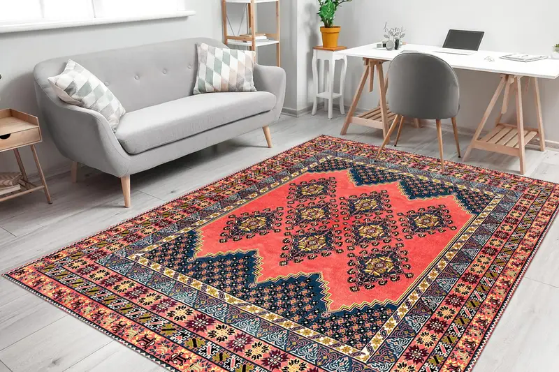 赤、青のトルコのヴィンテージ模様のエレガントなプリントラグ