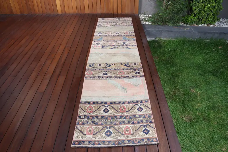 Türk Vintage Halısı, 2.3x10.1 ft Oushak Halısı, Mavi Yolluk Çiçekli Halı - 1