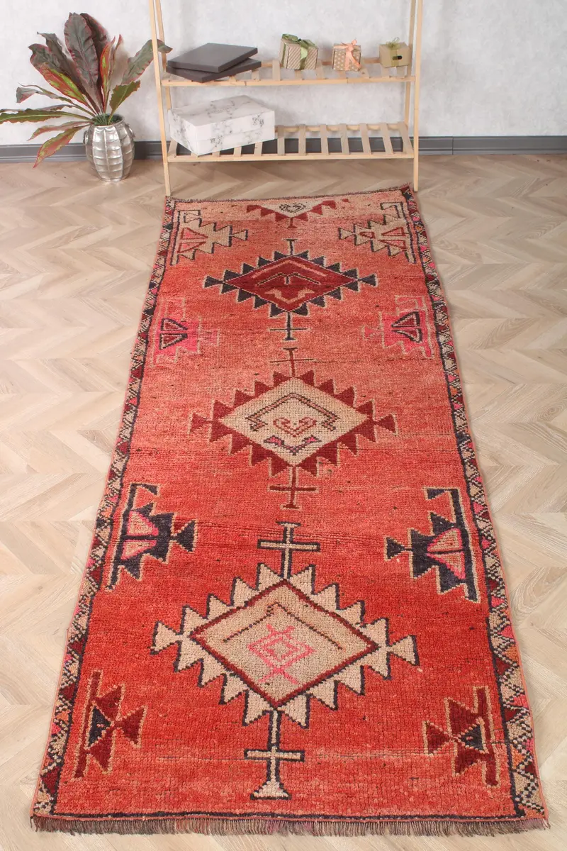 Alfombra de 3,2x9,2 pies, alfombra turca vintage, alfombra de lana con estampado animal rojo - 1