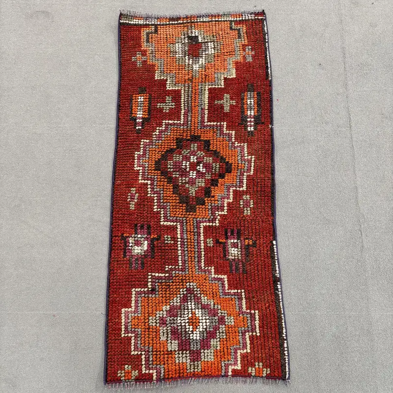 Türk Küçük Halı 2x4,7 ft, Kırmızı Turuncu Ombré Halı Yün - 1