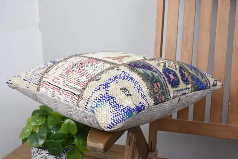 Kilim Pillow Cover, Ethnical Kilim Rug Pillow, Turkish Pillow, Patio Cushion Case, Nomadic Pillow, 16x16 Blue Cushion Case, Cushion Case - 6