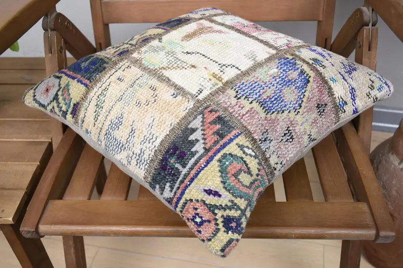Kilim Pillow Cover, Ethnical Kilim Rug Pillow, Turkish Pillow, Patio Cushion Case, Nomadic Pillow, 16x16 Blue Cushion Case, Cushion Case - 4