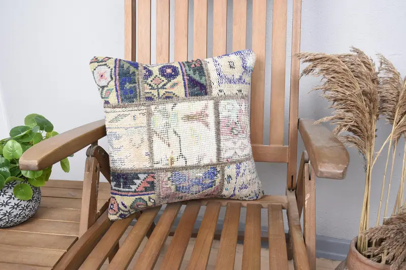 Kilim Pillow Cover, Ethnical Kilim Rug Pillow, Turkish Pillow, Patio Cushion Case, Nomadic Pillow, 16x16 Blue Cushion Case, Cushion Case - 1