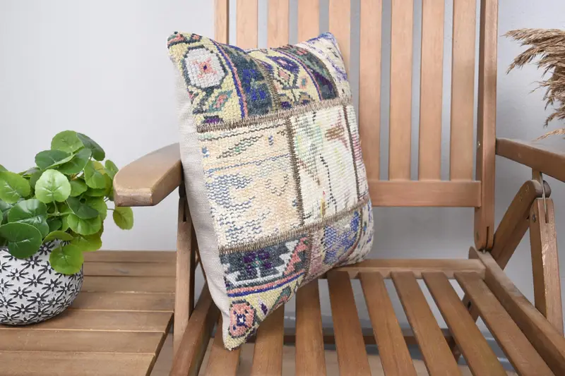 Kilim Pillow Cover, Ethnical Kilim Rug Pillow, Turkish Pillow, Patio Cushion Case, Nomadic Pillow, 16x16 Blue Cushion Case, Cushion Case - 2