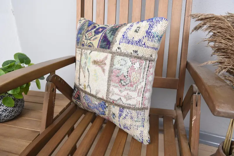 Kilim Pillow Cover, Ethnical Kilim Rug Pillow, Turkish Pillow, Patio Cushion Case, Nomadic Pillow, 16x16 Blue Cushion Case, Cushion Case - 3