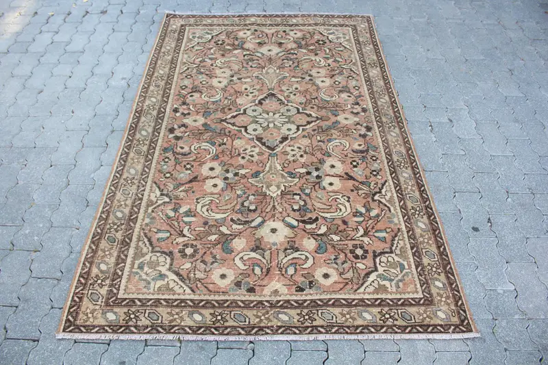 Vintage Alan Halısı, 4.1x6.4 ft Türk Halısı, Kahverengi Oushak Yün Halı - 1
