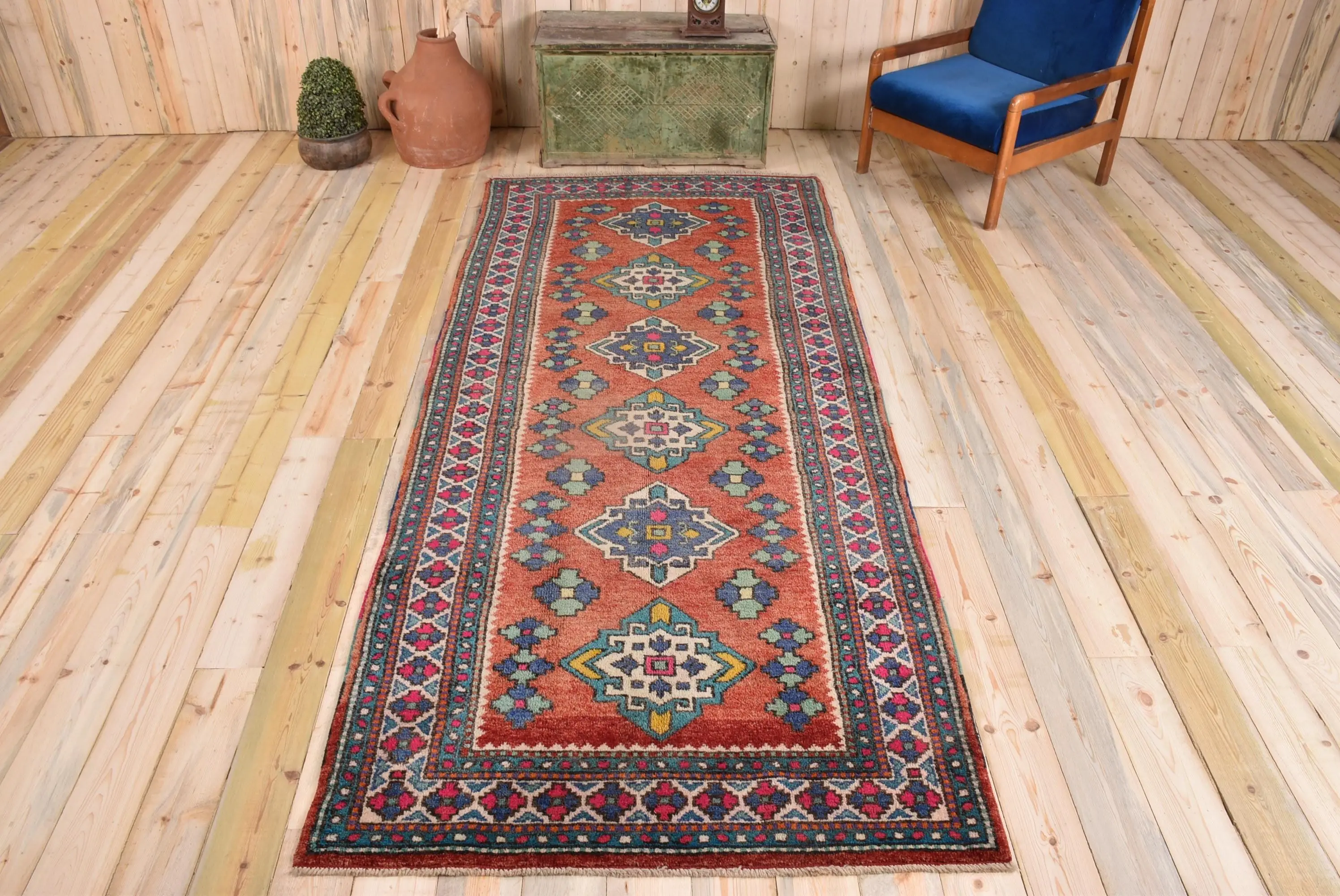 4.1x9.7 ft Turkish Rug, Area Vintage Rug, Red Plants & trees Rug - 1