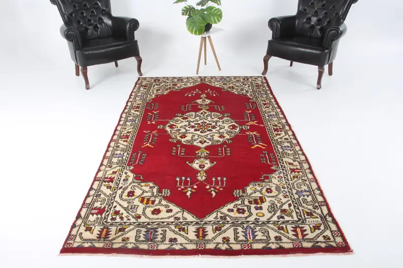 4.9x8.5 ft Oushak Rug, Vintage Turkish Rug, Red White Plants & trees Rug - 1