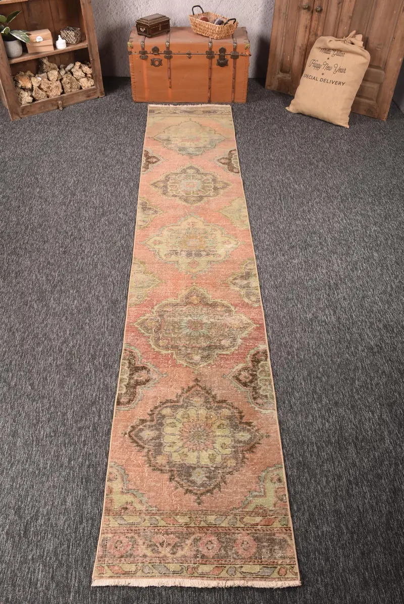2.3x12.4 ft Turkish Rug, Herki Rug, Red Geometric Rug Wool - 1
