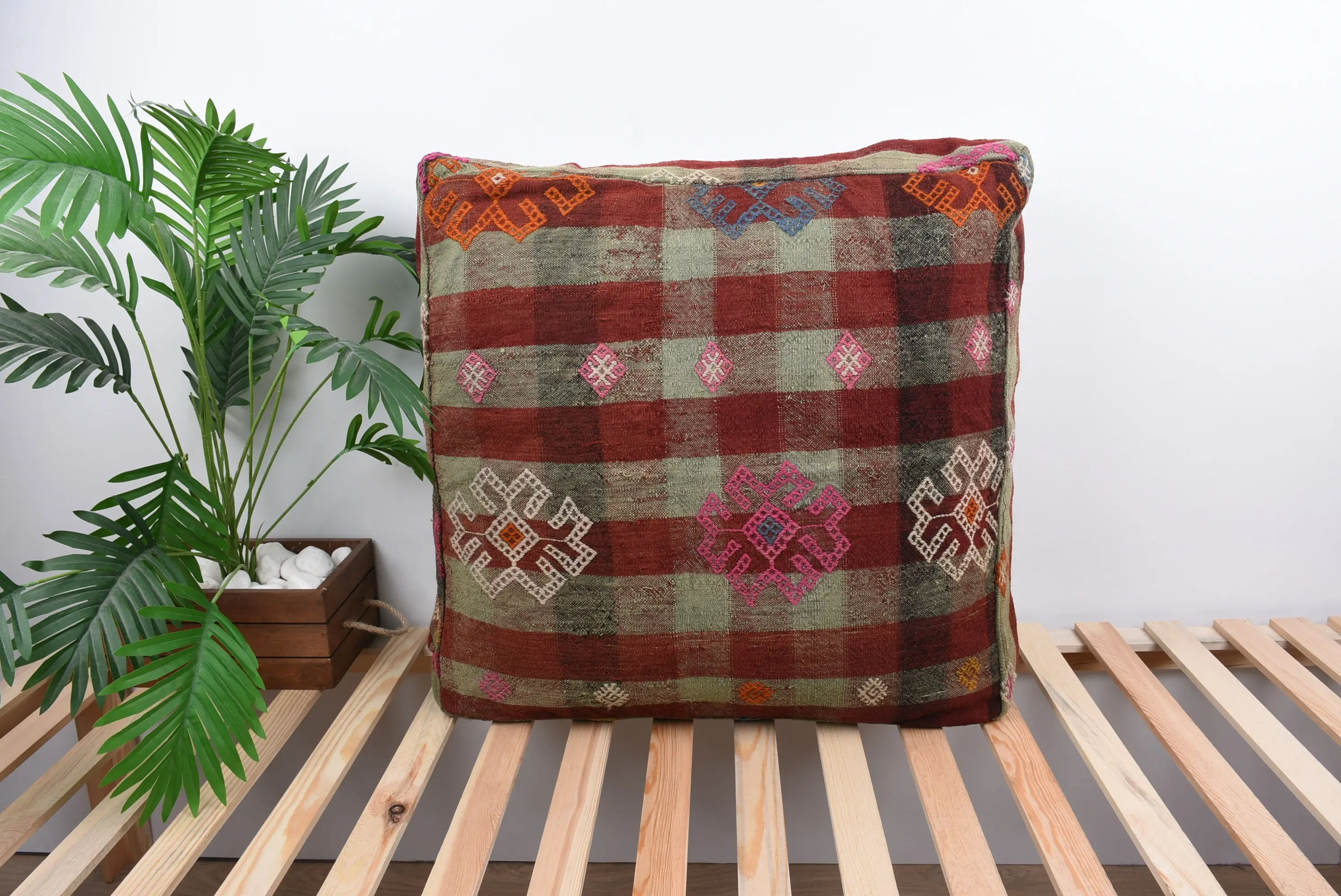 Puf otomano rectangular, puf de lana inspirado en Kilim, rojo y naranja, 24x24x6 - 1