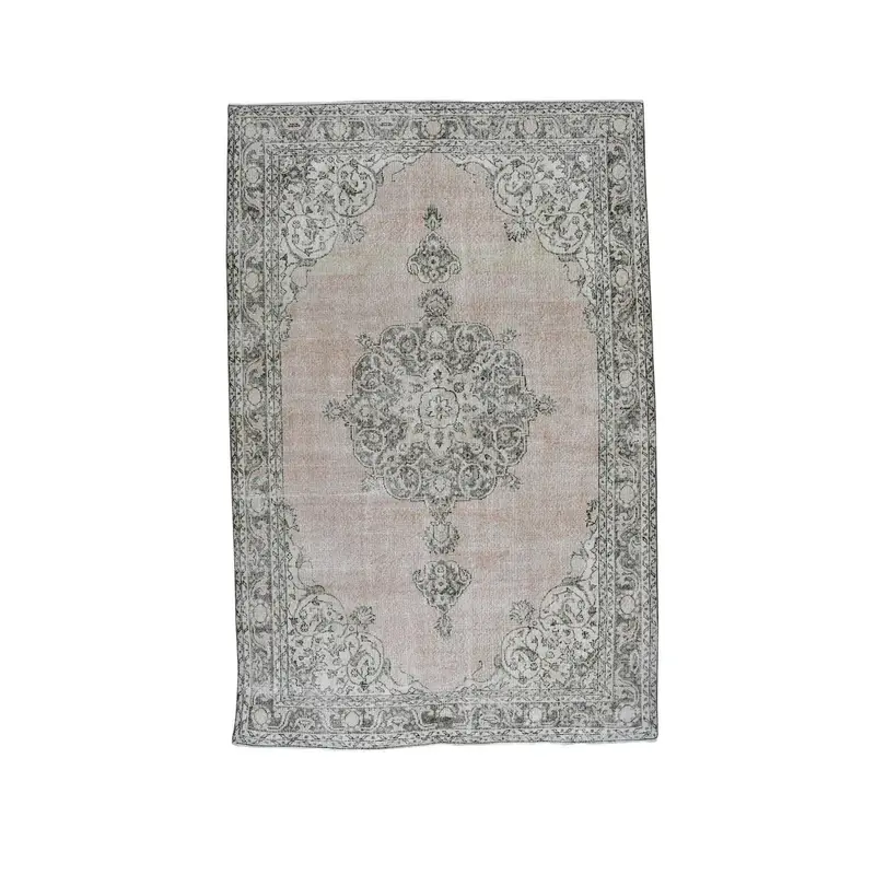 Alfombra vintage, alfombra turca grande de 6,8x10,1 pies, alfombra de lana maciza rosa gris - 1