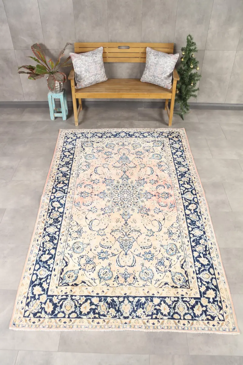 Türk Oushak Büyük Halı 4,9x8,2 ft (150x250 cm), Vintage Mavi Güneybatı Halısı - 1