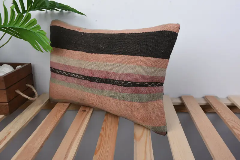 Ethnical Kilim Rug Pillow, 12x20 Orange Pillow Cover, Bolster Throw Cushion, Farmhouse Cushion Cover, Boho Pillow, Cushion Case, Kilim Pillow - 5
