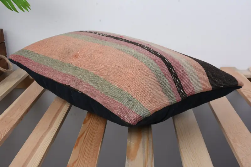 Ethnical Kilim Rug Pillow, 12x20 Orange Pillow Cover, Bolster Throw Cushion, Farmhouse Cushion Cover, Boho Pillow, Cushion Case, Kilim Pillow - 6