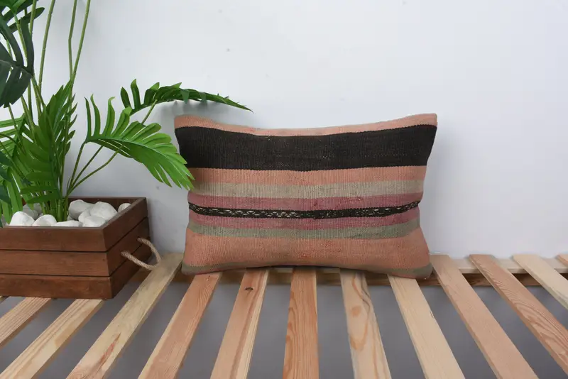 Ethnical Kilim Rug Pillow, 12x20 Orange Pillow Cover, Bolster Throw Cushion, Farmhouse Cushion Cover, Boho Pillow, Cushion Case, Kilim Pillow - 1