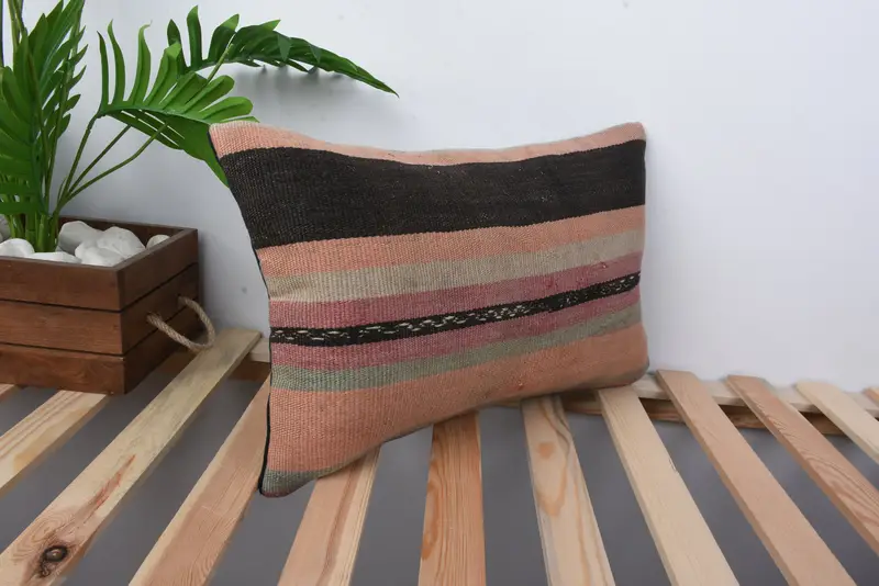 Ethnical Kilim Rug Pillow, 12x20 Orange Pillow Cover, Bolster Throw Cushion, Farmhouse Cushion Cover, Boho Pillow, Cushion Case, Kilim Pillow - 4