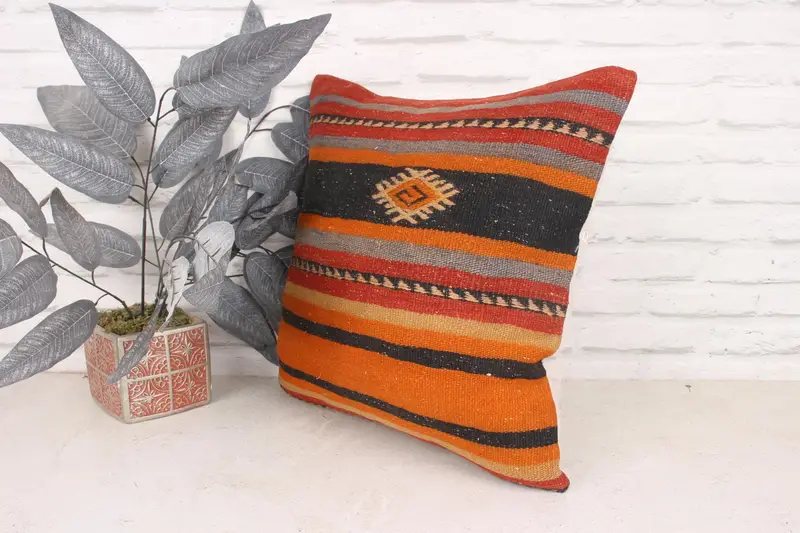 Vintage Pillow, 18x18 Orange Pillow Case, Cushion, Living Room Throw Pillow Sham, Home Decor Pillow, Ethnical Kilim Rug Pillow - 4