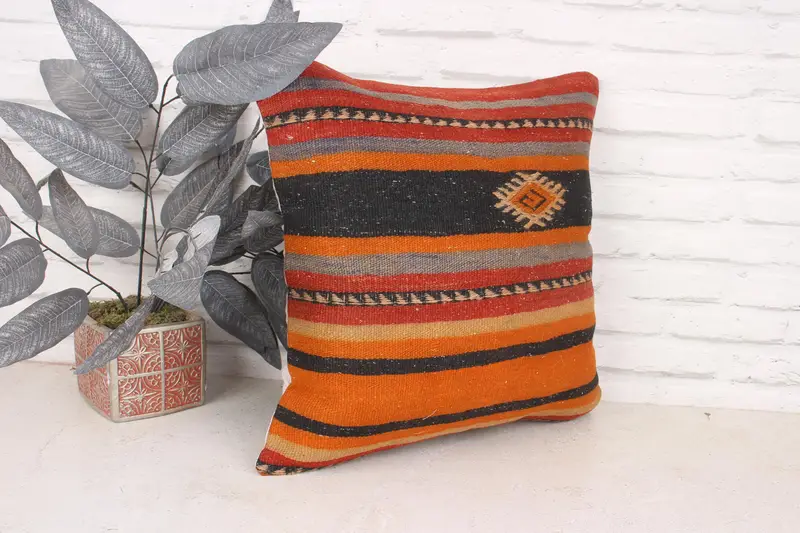 Vintage Pillow, 18x18 Orange Pillow Case, Cushion, Living Room Throw Pillow Sham, Home Decor Pillow, Ethnical Kilim Rug Pillow - 3