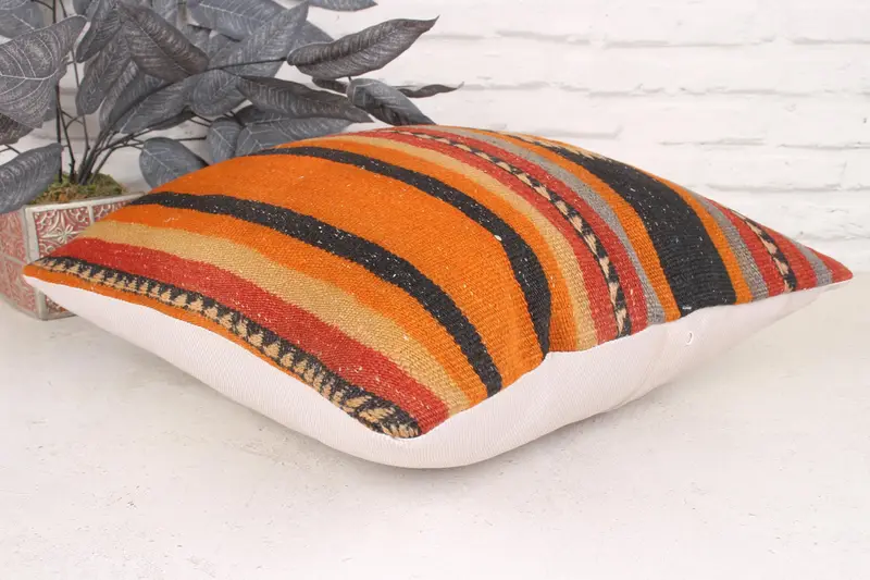Vintage Pillow, 18x18 Orange Pillow Case, Cushion, Living Room Throw Pillow Sham, Home Decor Pillow, Ethnical Kilim Rug Pillow - 6