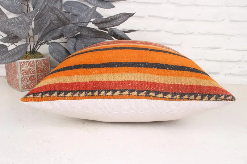 Vintage Pillow, 18x18 Orange Pillow Case, Cushion, Living Room Throw Pillow Sham, Home Decor Pillow, Ethnical Kilim Rug Pillow - 5