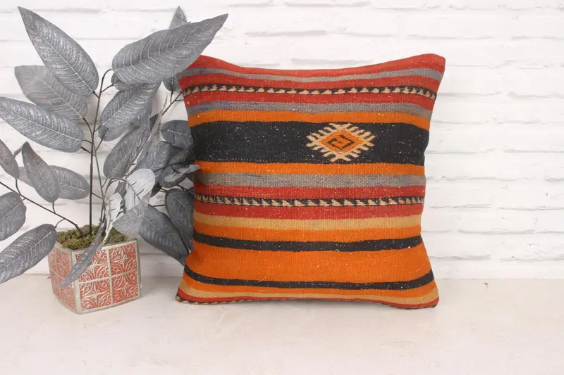 Vintage Pillow, 18x18 Orange Pillow Case, Cushion, Living Room Throw Pillow Sham, Home Decor Pillow, Ethnical Kilim Rug Pillow - 1