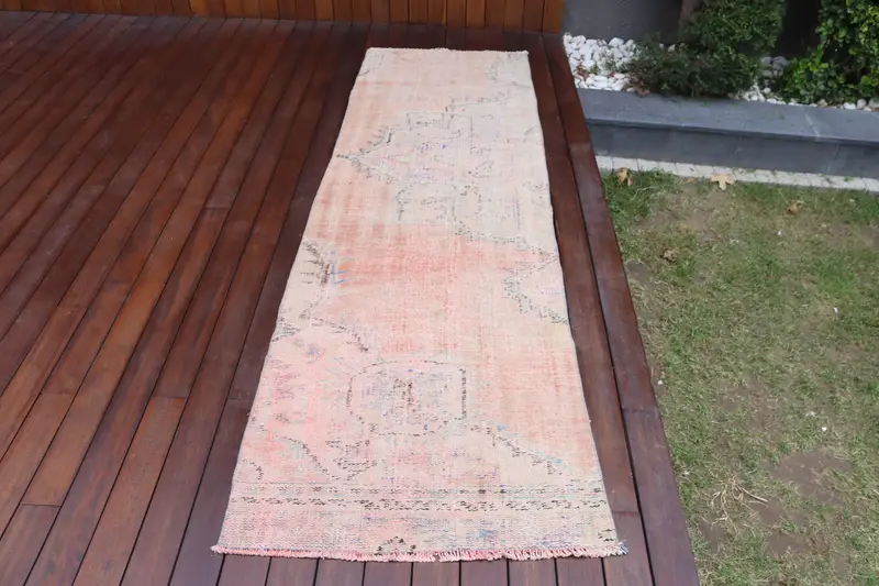 Vintage Turkish Runner Rug 2.6x8.1 ft, Pink Blue Patchwork Wool Rug - 1