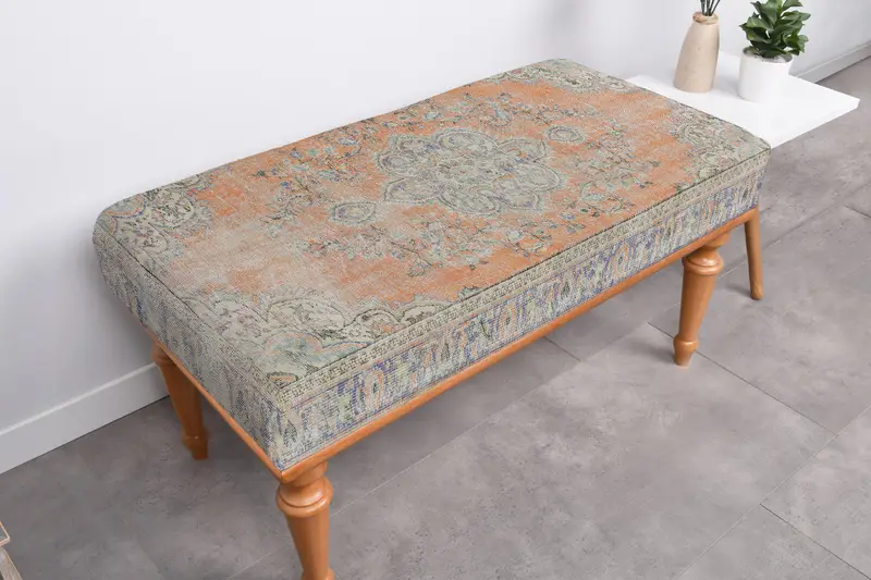 Art Nouveau Ottoman, Gray & Orange Kilim-Inspired Sofa Ottoman